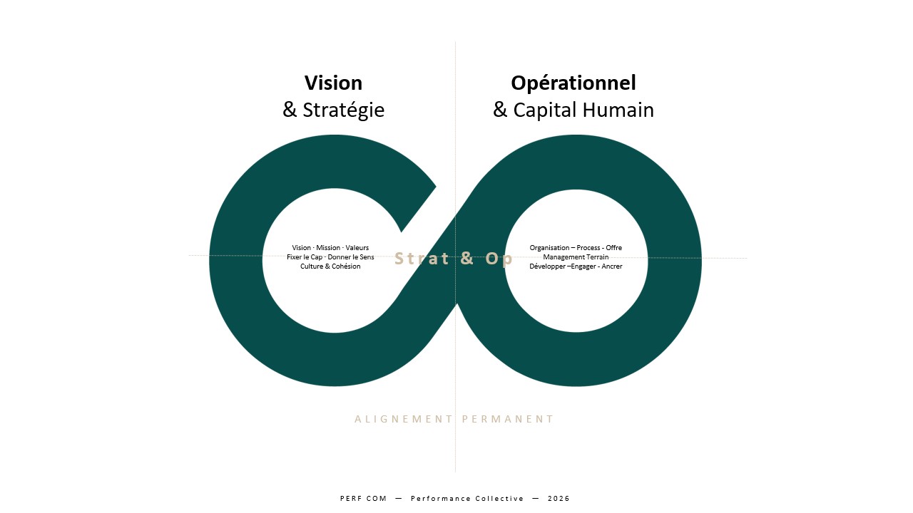 Modèle des deux cercles perfcom - Vision & Stratégie / Opérationnel & Capital Humain